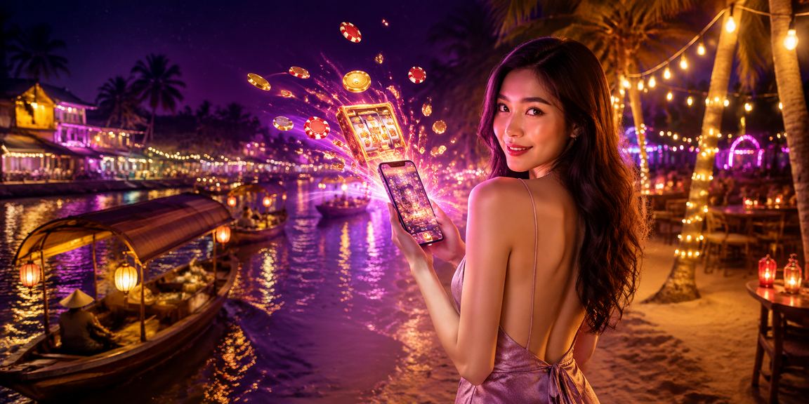 Ánh đèn neon rực rỡ bên dòng Mekong gợi cảm giác hứng khởi khi chơi slot trực tuyến